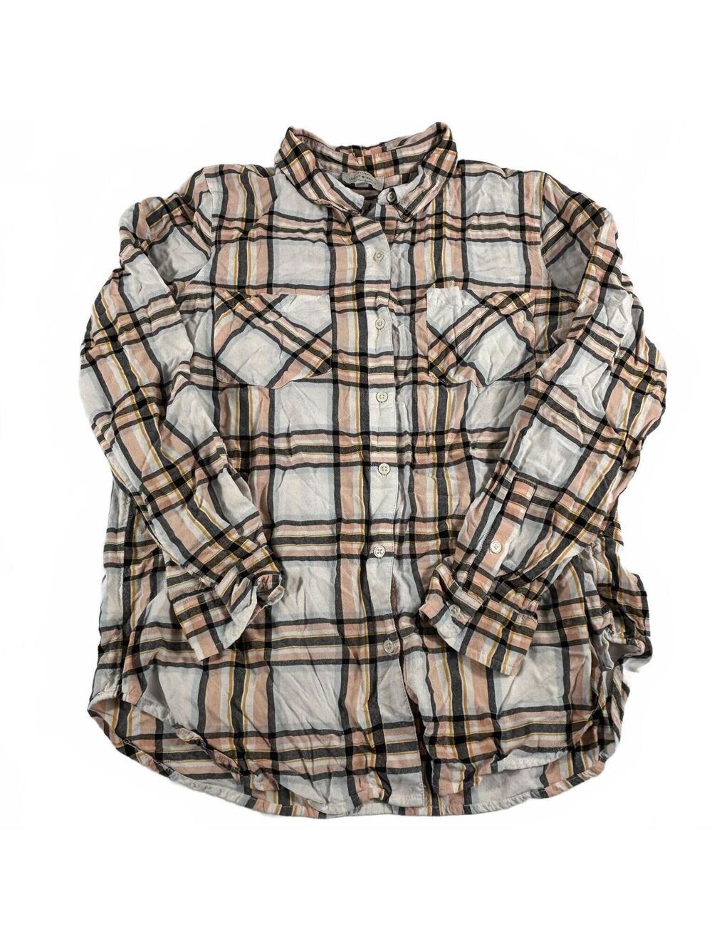 Lucky Brand Women's Peach Plaid Boyfriend Button Up Shirt L